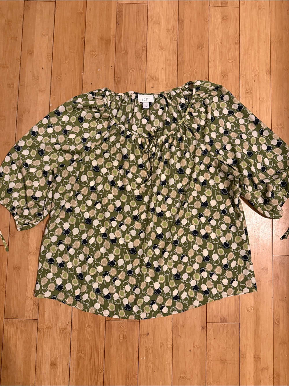 LOFT XL Olive Green Printed Peasant Top with Navy and Cream Dots